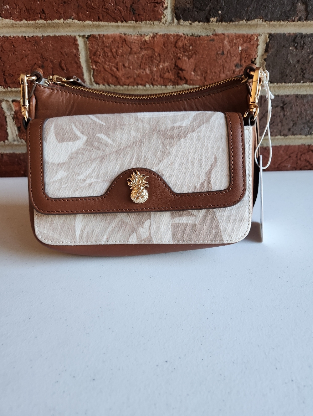 Tommy Bahama Canvas and Leather Trim Double Crossbody Bag New Tan Pineapple